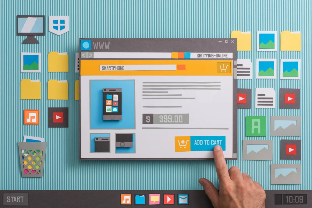 Muestra un dedo seleccionando un boton en una pagina web en una pantalla hecha de cartón